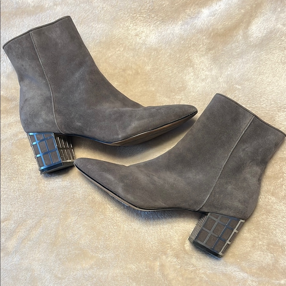 Brian Atwood Gray Silver Ankle Booties with Block Heel